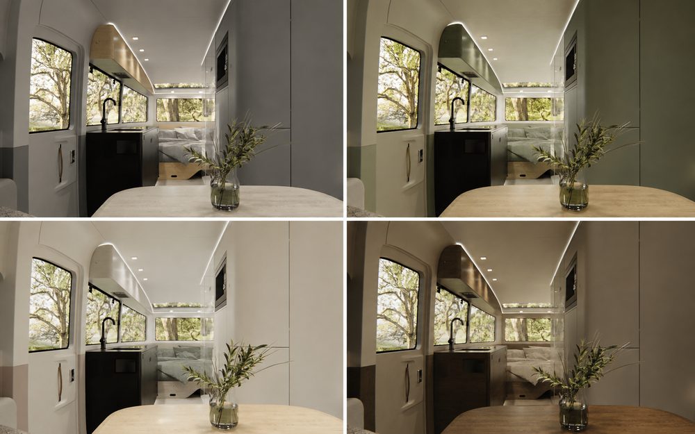 Four-panel comparison of Pebble Flow interior colorways: cool gray, sage green, blush and warm walnut