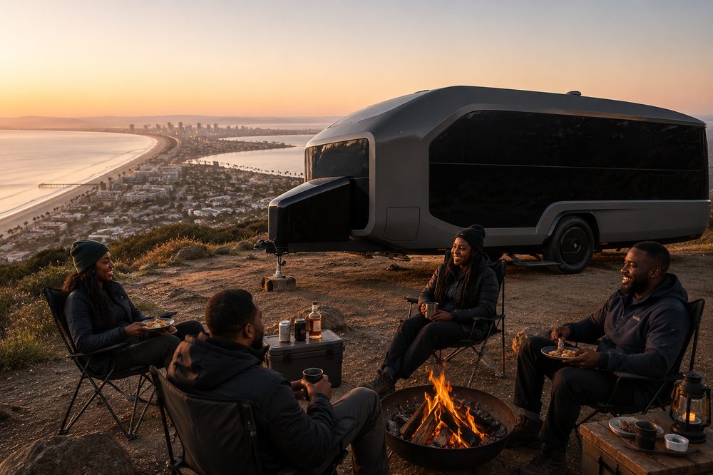 Graphite Pebble Flow concept on a coastal bluff at sunset with friends around a campfire